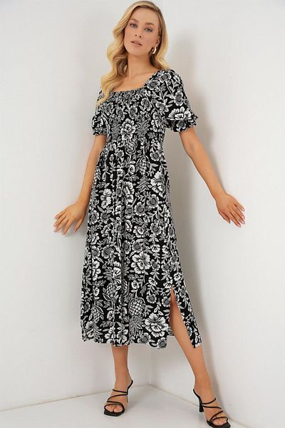 modaserdem 2512 Patterned Slit Dress - D. Black