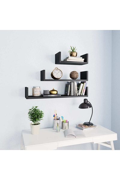 vidaxl Wall Display Shelf 3 pcs Black Engineered Wood