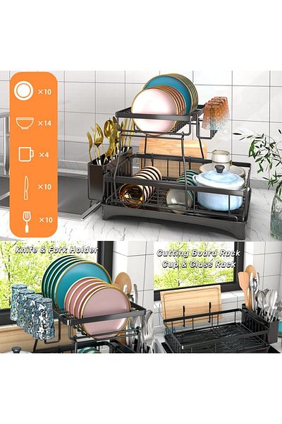 Lumely 2-Tier Dish Drainer,with Drainboard Cup Rack,Space-Saving with Detachable Utensils Holder,Black