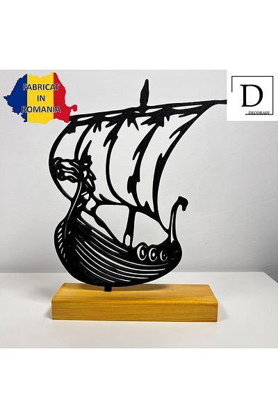 OEM "Ship" decoration with natural wood base, 20 cm, black, 3D printed