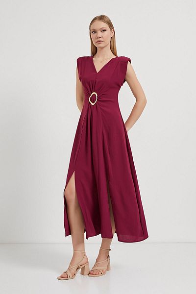Arma Life Women's Gathered Slit Sleeveless Burgundy Long Dress