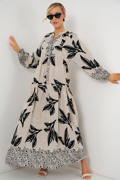 modaserdem 2423 Authentic Patterned Hijab Dress - F.Grey