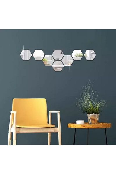 OEM Set de 8 oglinzi acrilice autoadezive, model hexagonal, 12,5x11x6,4 cm, argintii