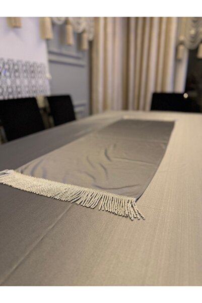 AYDINDOKUMA Emerald Fabric Tasseled Runner Fringed Tassel Detail Gray Silver