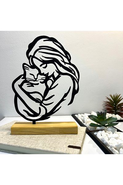 OEM "Feline Hug" decoration with natural wood base, 21 cm, black, 3D printed