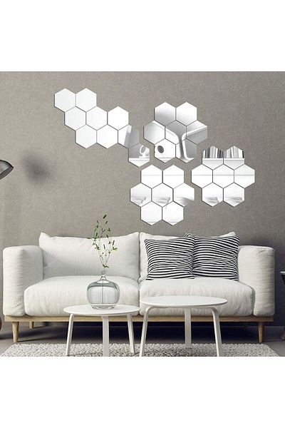 OEM Set de 32 de oglinzi acrilice autoadezive, model hexagonal, 18,5x16x9,3 cm, argintii