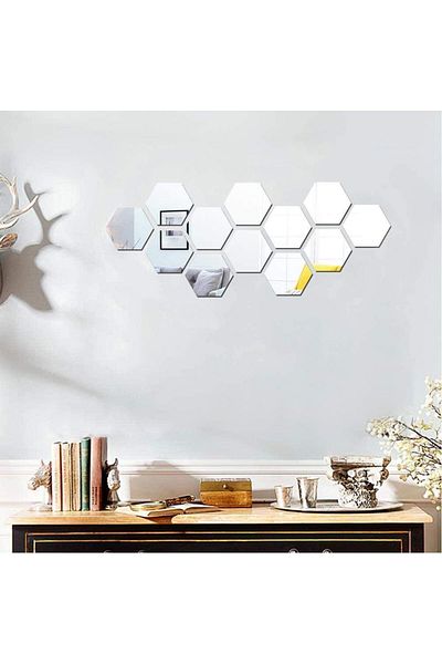 OEM Set de 12 autocolante de perete pentru oglindă, design hexagonal, 140 * 165 mm, argintii