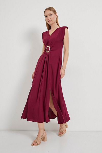 Arma Life Women's Gathered Slit Sleeveless Burgundy Long Dress