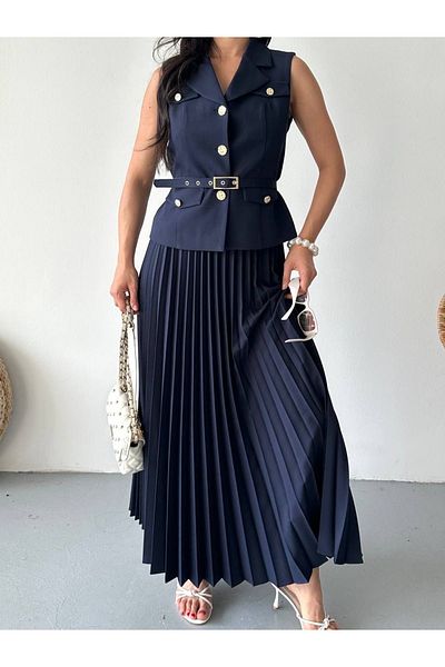 Ekim Store Costum blazer dublu cu vestă plisată și fustă