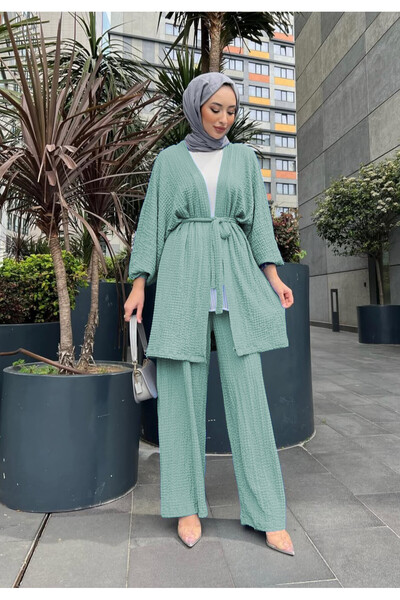 NİSUM MODA Seersucker Textured Belted Cardigan and Pants Double Set