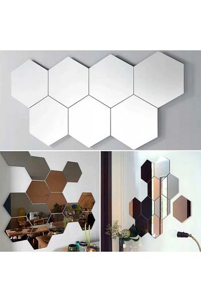 OEM Set de 3 oglinzi decorative hexagonale din acril, model L, 12x11x6,5 cm, autoadezive