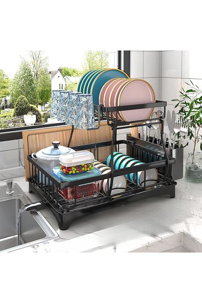Lumely 2-Tier Dish Drainer,with Drainboard Cup Rack,Space-Saving with Detachable Utensils Holder,Black