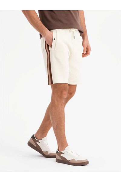 OMBRE Herren Sweatshorts mit Paspelierung und Kordelzugbund - creme V3 OM-SRSK-0156 L