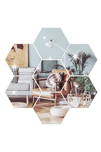 OEM Set de 12 autocolante de perete cu oglinzi hexagonale, 126 * 110 * 63 mm, argintii