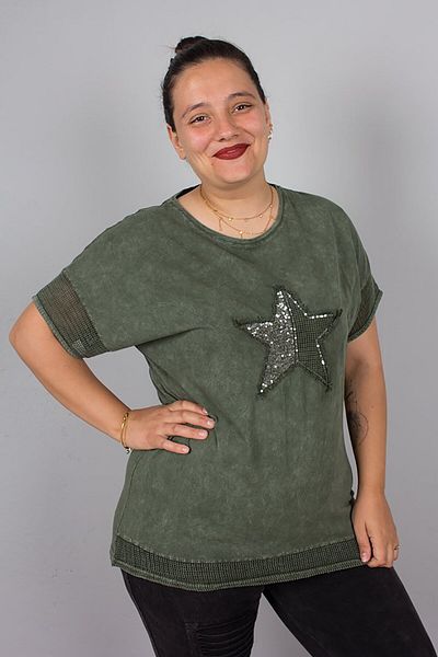 Truva XXL Plus Size Star Sequin Embroidered Washable Khaki Cotton Blouse – Sparkling and Comfortable Design