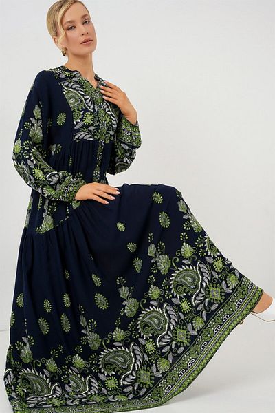 modaserdem 2423 Authentic Patterned Hijab Dress - Navy Blue 13