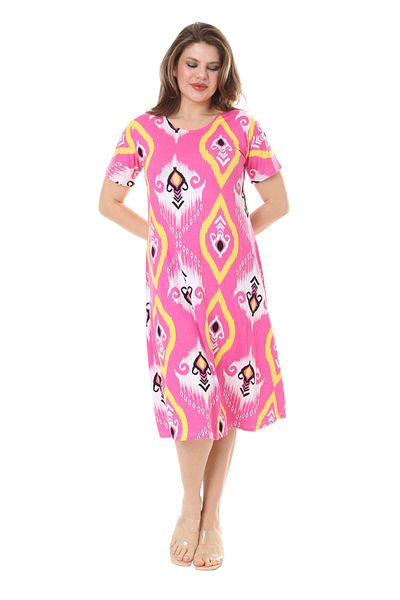 MELSAY Women's Short Sleeve Pink Motif Patterned A-Line Plus Size Dress