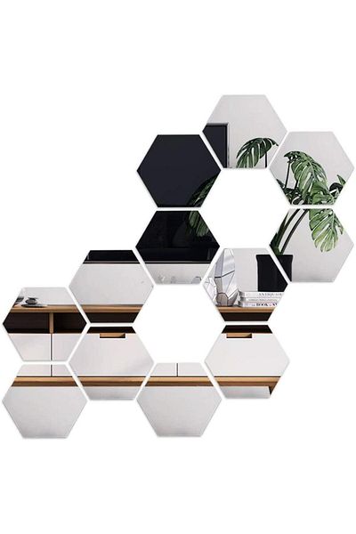 OEM Set de 12 oglinzi acrilice autoadezive, model hexagonal, 18,5x16x9,3 cm, argintii