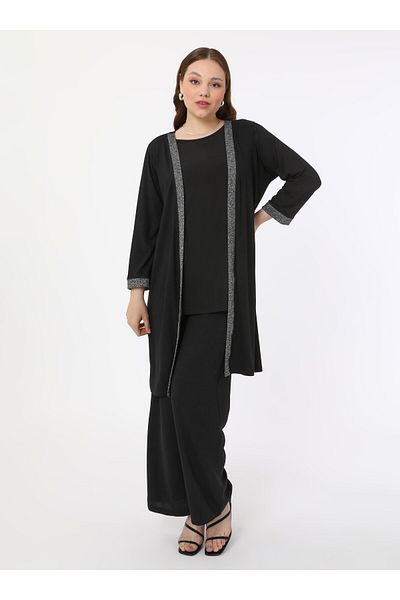 ALİA Large Size Knitted Cardigan with Glitter Fabric Detail - Black - Alia