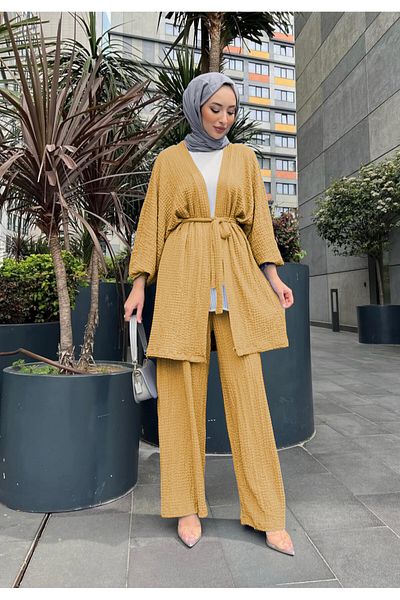 NİSUM MODA Seersucker Textured Belted Cardigan and Pants Double Set