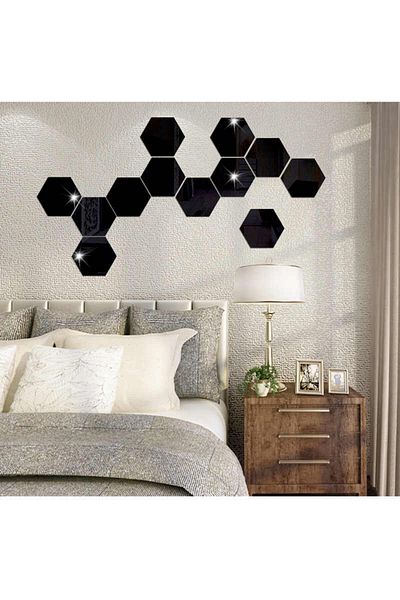OEM Set de oglinzi acrilice cu design hexagonal - Oglinzi decorative, mărime XL, negru, Luxury Home, 12 piese/set