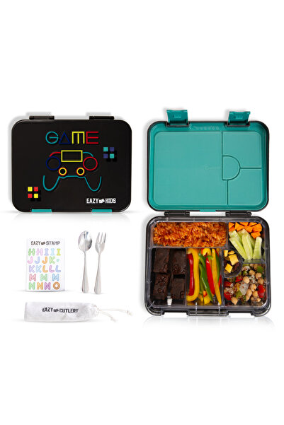Eazy Kids 6 and 4 Convertible Bento Lunch Box w/ Steel Spoon and Fork Set and...
