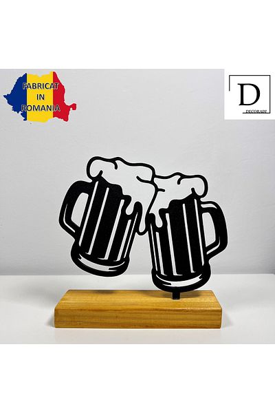 OEM "Cheers, Mates!" decoration with natural wood base, 13 cm, black, 3D printed