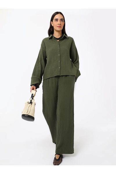 Benin Cotton Muslin Fabric Trousers with Tie Detail - Khaki -