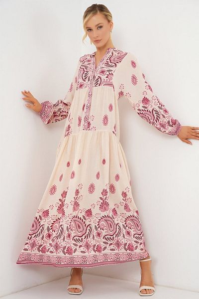 modaserdem 2423 Authentic Patterned Hijab Dress - Claret Red 1