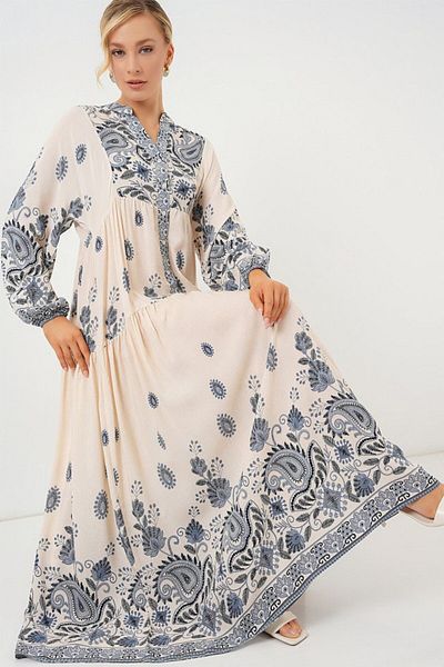 modaserdem 2423 Authentic Patterned Hijab Dress - Navy Blue 12