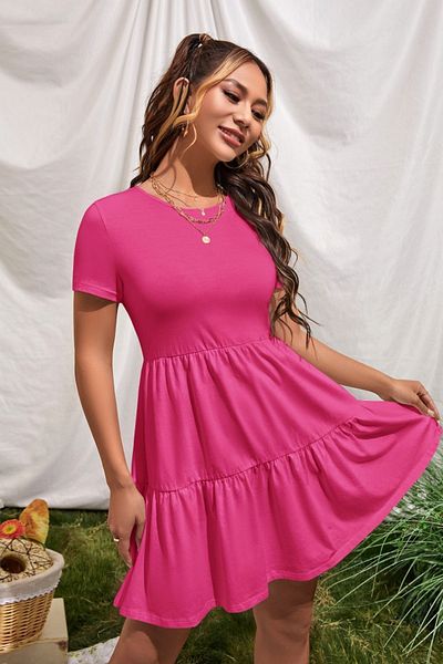 Trendseninle Fuchsia Crew Neck Plain Short Sleeve Ruffle Trim Combed Cotton Dress