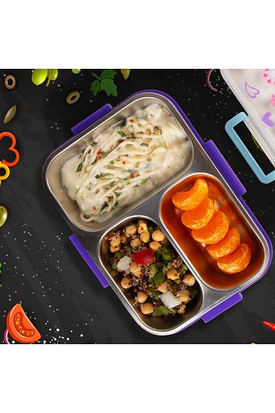 Eazy Kids صندوق غداء بينتو من الفولاذ المقاوم للصدأ بثلاث حجرات، سعة 800 مل - بنفسجي زهري
