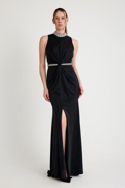 SpringStore Black Judge Collar Waist and Collar Stone Evening Dress