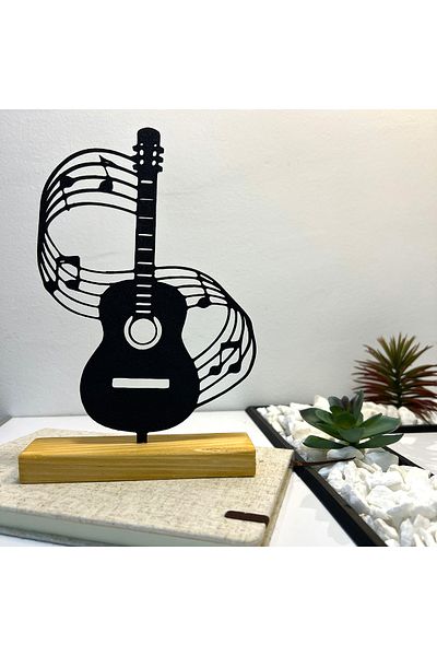 OEM "Guitar & Laptop" decoration with natural wood base, 21 cm, black, 3D printed