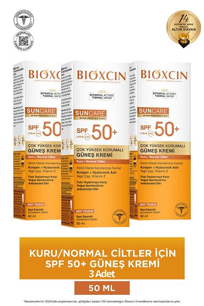 Bioxcin Sun Care Spf50 Very High Protection Sun Cream 50 ml Dry/Normal Skin-Collagen Hyaluronic Acid 3 Pcs