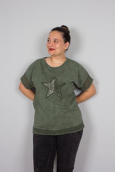 Truva XXL Plus Size Star Sequin Embroidered Washable Khaki Cotton Blouse – Sparkling and Comfortable Design