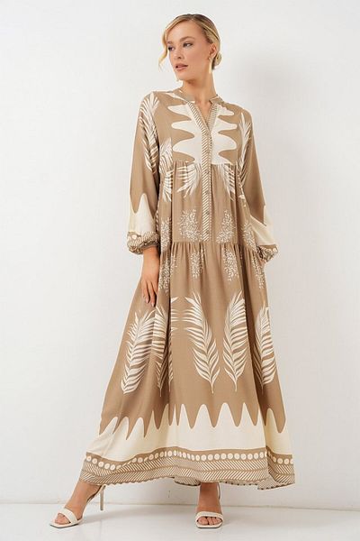modaserdem 2423 Authentic Patterned Hijab Dress - M. Camel