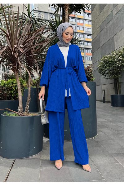 NİSUM MODA Seersucker Textured Belted Cardigan and Pants Double Set