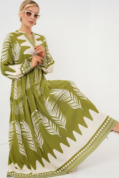 modaserdem 2423 Authentic Patterned Hijab Dress - Mint Green