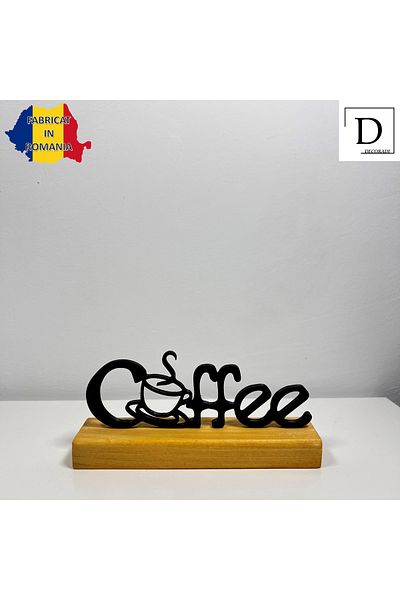 OEM "Coffee Moment" decoration with natural wood base, 7 cm, black, 3D printed