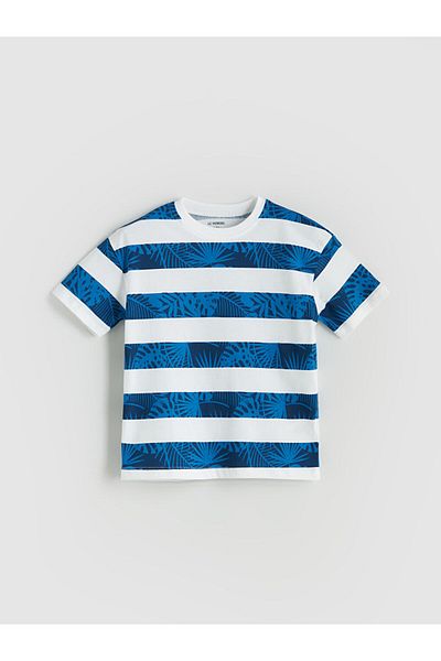 LC Waikiki Ecru Crew Neck Striped Combed Cotton Boy's T-Shirt