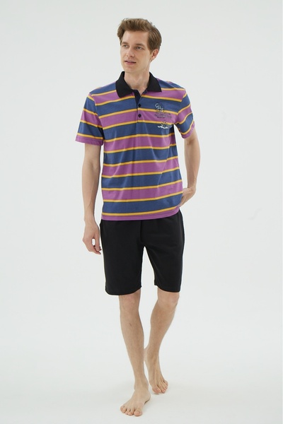 İPEKTENİM Синьо-фіолетово-помаранчевий комплект піжами з поло-коміром та шортами