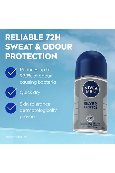 NIVEA MEN Silver Protect, Antiperspirant for Men, Antibacterial, Roll-on 50ml, Pack of 2