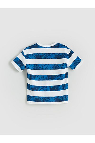 LC Waikiki Ecru Crew Neck Striped Combed Cotton Boy's T-Shirt