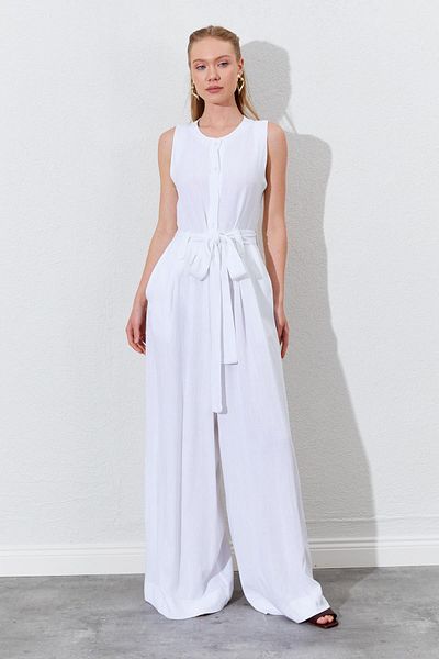 TENA Women's White Sleeveless Belted Double Leg Jumpsuit