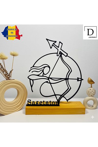 OEM Zodiac decoration "SAGETHER" with natural wooden base, 17.5 cm, black, 3D printed