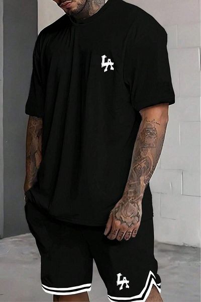 NO 601 Men's Black Oversize Tshirt Extraforlu Shorts La Printed Set