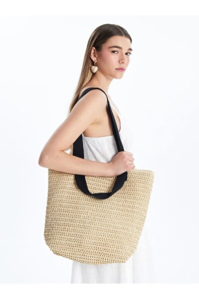 LC Waikiki LCW Plaj ÇantasıKadın Hasır Ekru Çıt Çıt Kapamalı