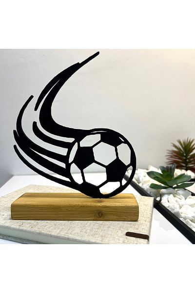 OEM "Iconic Football" decoration with natural wood base, 18 cm, black, 3D printed