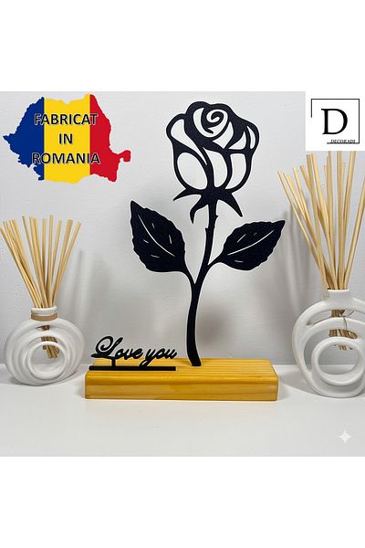 OEM "Black Rose - Love You" decoration with natural wooden base, 22 cm, black, 3D printed